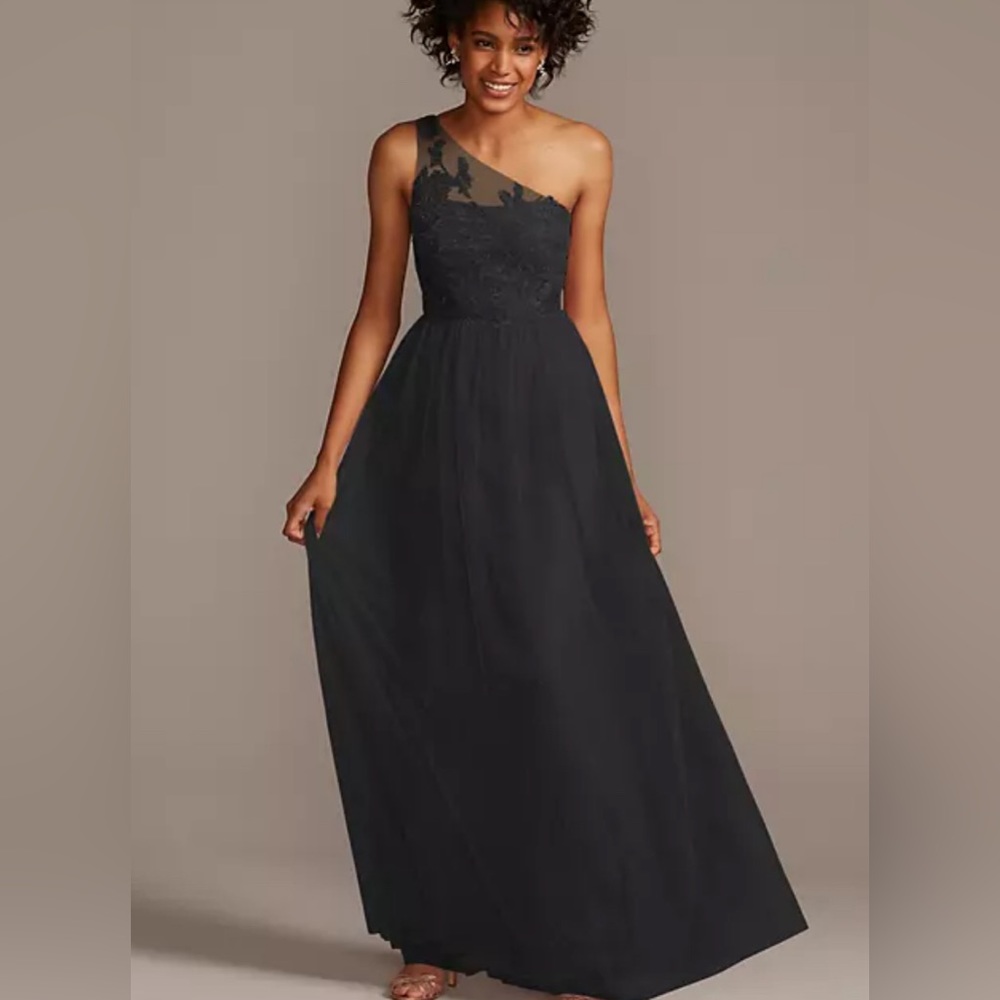 David’s Bridal One-Shoulder Embroidered Soft Net Bridesmaid Dress Marine Blue